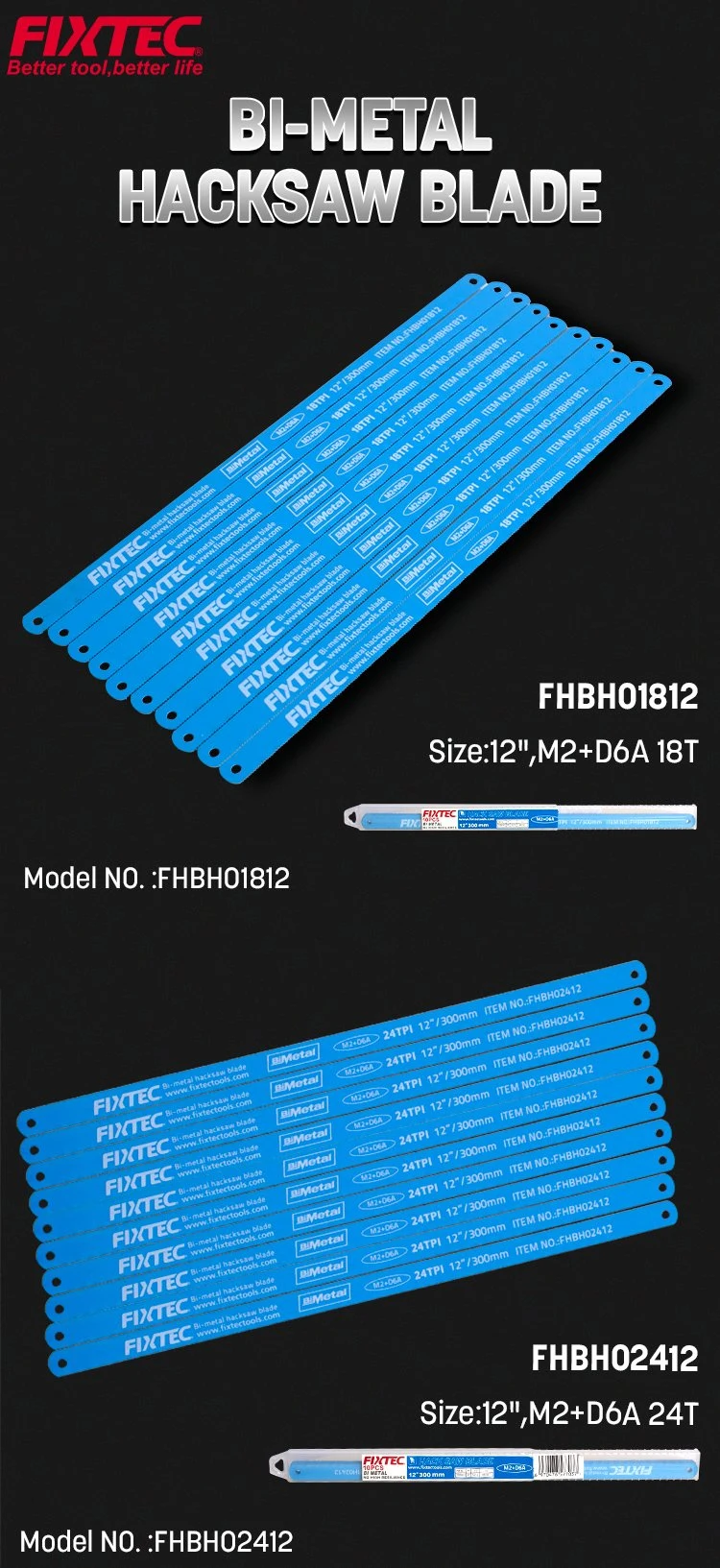 Fixtec 12" Bi-Metal Hacksaw Blade M2+D6a 18t/24t Double Edge Saw Blade